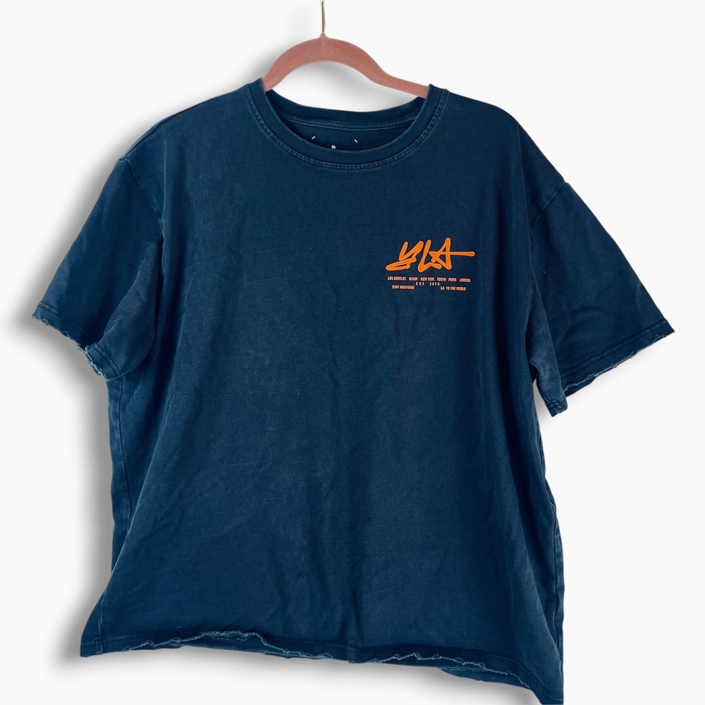 YoungLA Mens Distressed Graphic T-Shirt Black Orange Gym Streetwear Large